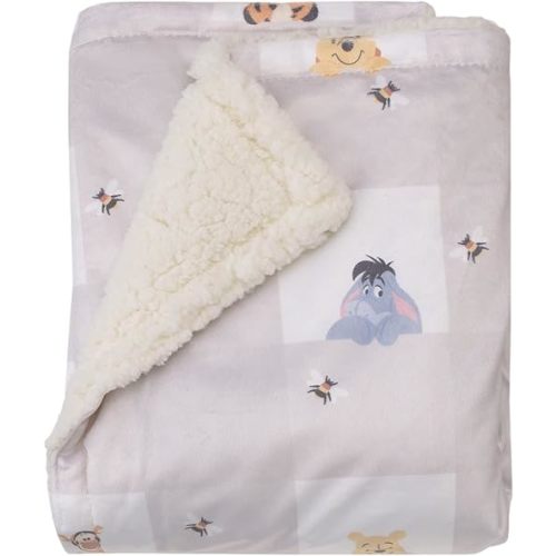 Disney Winnie The Pooh Hugs and Honeycombs Grey and White Plaid with Piglet, Tigger and Eeyore Super Soft Sherpa Baby Blanket