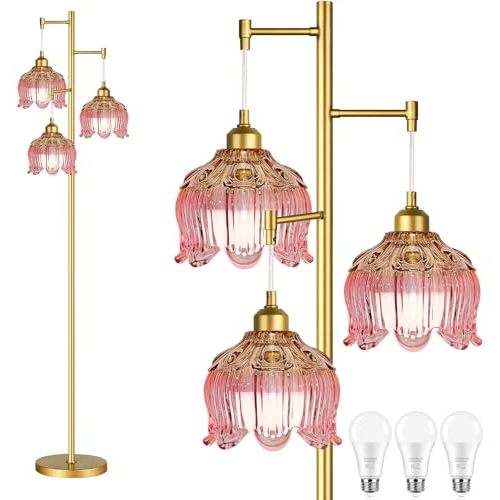 Pink Floor Lamp for Living Room,Bedroom,Gold Mid Century Modern Standing Lamp Brass Tree 3 Light Tall Floor Lamps Vintage Retro Floor Lights Glass Flower Lamp Shade Girls Kids Boho Bohemian