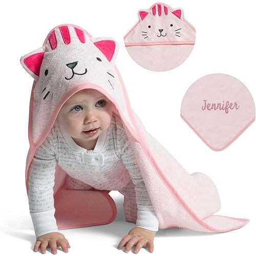 Delta Children Personalized Baby/Infant Hooded Bath Towel - Super Soft and Absorbent- Newborn Essential - Ideal Baby Registry/Shower Gift for Boys and Girls, Pink Cat
