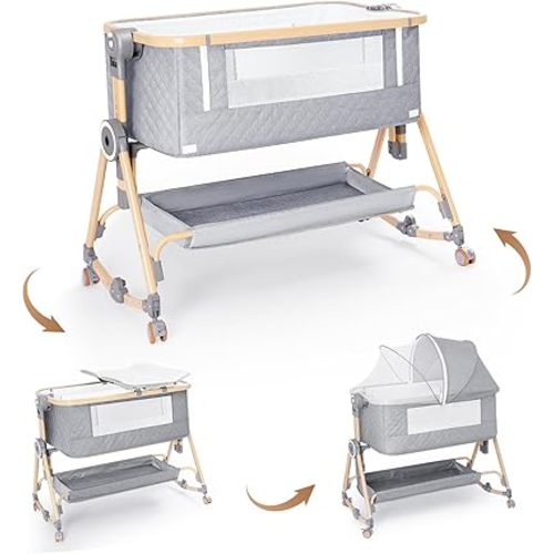 Baby Bassinets Bedside Sleeper 5 in 1,Bedside Bassinet for Baby with Mattress,Diaper changer, Storage Layer,Mosquito Net,7-level adjustable height , one-touch folding for travel with infants (Gray)