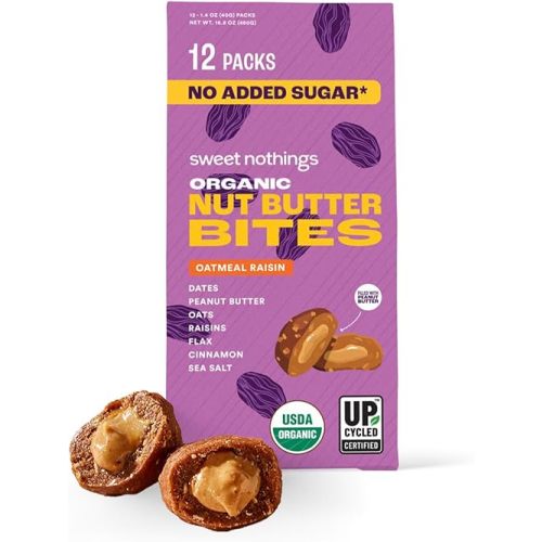 Sweet Nothings, Oatmeal Raisin, USDA Organic Nut Butter Bites Protein Bar, Nut & Date Snack, Filled with Peanut Butter, 12-2 Bite Value Packs - No Added Sugar, Plant Based, Vegan, Only 7 Ingredients
