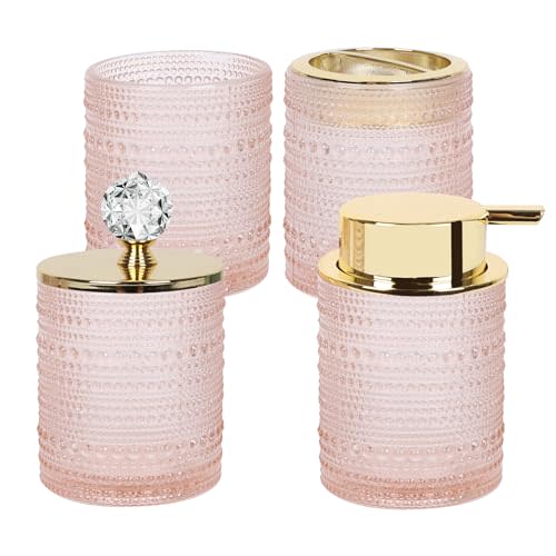 FEILANDUO Bathroom Accessories Set,4Pcs Glass Bathroom Accessories,Vanity Bathroom Decor, Soap Dispenser, Toothbrush Holder Set, Apothecary Jar, Gift for Home Apartment (Pink)