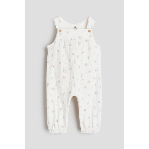 Ribbed Cotton Overalls, Long, White/floral