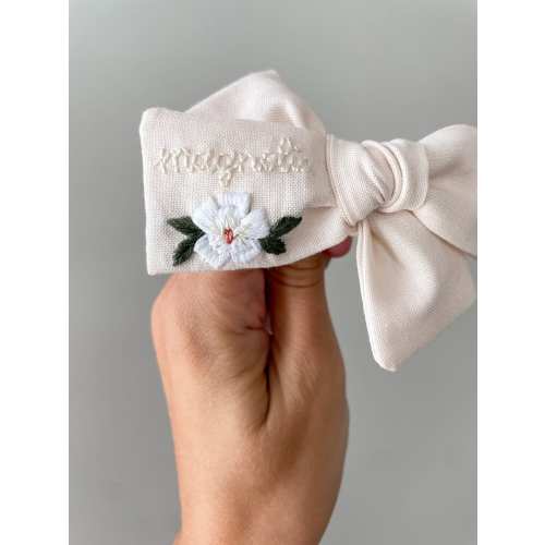 Magnolia Bow - Flower Bow - Magnolia Birthday - Hand Embroidered Bow - embroidered baby bow - Baby Announcement - custom embroidered bow