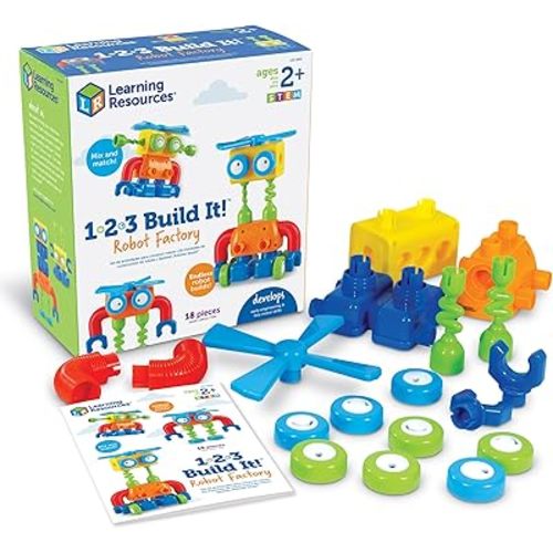 Learning Resources 1-2-3 Build It! Robot Factory, Fine Motor Toy, Robot Building Set for Unisex Children Ages 2+