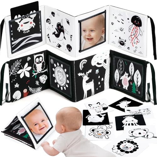 URMYWO Black and White Baby Toys, Tummy Time High Contrast Newborn Toys 0-3 Months, Visual Stimulation Learning Activity Cards, Infant Mirror Toys 0-6-12 Months, Shower Gift, Baby Stocking Stuffers