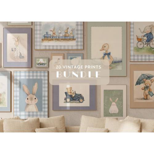 Vintage Nursery Wall Art Set of 20 Animal Prints, Kid's Room Decor Animals, Whimsical Animal and Transportation Wall Art Gender Neutral