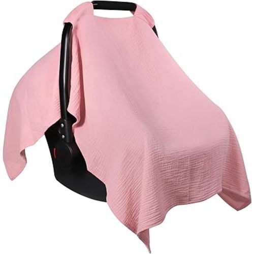 Carseat Covers Baby Girl, Soft Muslin Cotton Baby Car Seat Cover, Lightweight Breathable Infant Carseat Cover for Sunshade & Privacy, Car Seat Covers for Babies (Blush Pink)