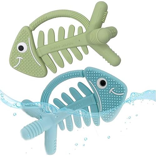 2PCS Baby Teething Toys, Fish Baby Teether Olive & Turquoise-USA Patent Pending