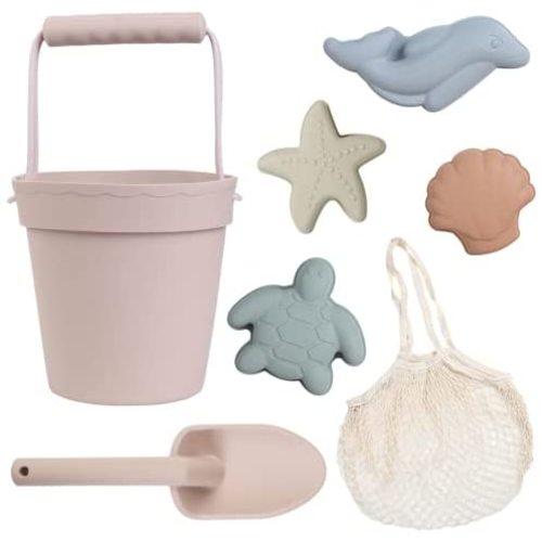 BLUE GINKGO Silicone Beach Toys - Modern Baby Beach Toys | Travel Friendly Beach Set | Silicone Bucket, Shovel, 4 Sand Molds, Beach Bag | Silicone Sand Toys for Toddlers, Kids - 7pc (Pale Pink)