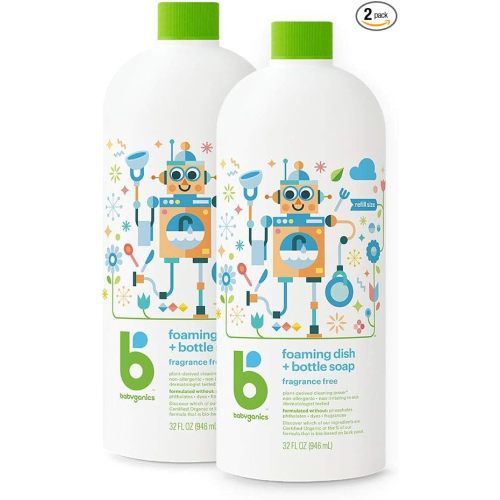 Babyganics Foaming Dish & Bottle Soap, Fragrance Free, Plant-Derived Cleaning Power, Removes Dried Milk, 32 Fl Oz (Pack of 2), Packaging May Vary - 16 Ounce