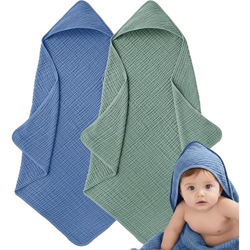 Muslin Hooded Baby Towels for Newborns, 32"x32", 100% Cotton – 6 Layers Super Soft Absorbent Breathable, Baby Bath Towel, Toddler Bath Towel – Pack of 2