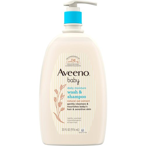 Aveeno Baby Daily Moisture Body Wash & Shampoo with Oat Extract, Hypoallergenic, Tear-Free, No Added Parabens, pH-Balanced Formula for Sensitive Hair & Skin, Baby Essentials, 33 fl oz