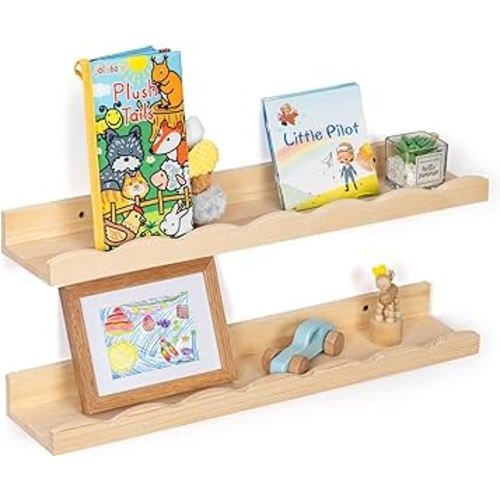 Fun Memories Picture Ledge Shelf for Wall, 24 inch Pine Wood Nursery Book Shelves Set of 2- Wall Book Shelves for Kids Room, Home Decor - Kitchen Spice-Natural