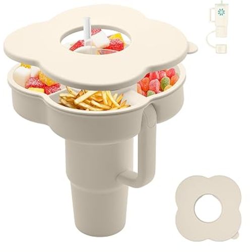 Snack Bowl with Lid for Stanley 30 oz Tumbler with Handle, Silicone Snack Tray Snack Ring for Stanley Cup Accessories, Suitable for Car Cup Holder or Outdoor, Cream