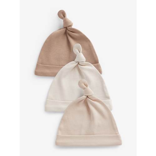 Neutral 100% Cotton Tie Top Baby Hats 3 Pack (0-12mths)