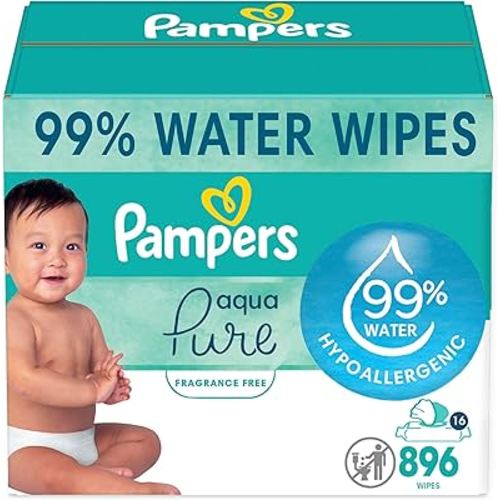 Pampers Aqua Pure Sensitive Baby Wipes, 99% Water, Hypoallergenic, Unscented Baby Wipes, 896 Baby Wipes Total (16 Flip-Top Packs)