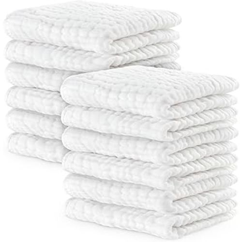 Comfy Cubs Muslin Baby Washcloths 10 Pack - Soft 6-Layer Cotton Wash Cloths for Sensitive Skin - 10"x10" Large, Gentle, Absorbent Infant Essentials for Newborn and Toddlers - White
