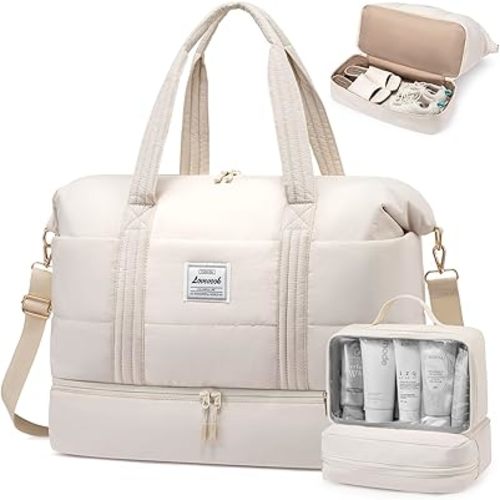 LOVEVOOK Travel Duffle Bag for Women, 3Pcs Puffer Large Weekender Overnight Bag with Shoe Compartment, Water Resistant Gym Duffel Bag, Carry on Bag for Hospital Delivery with Toiletry Organizer