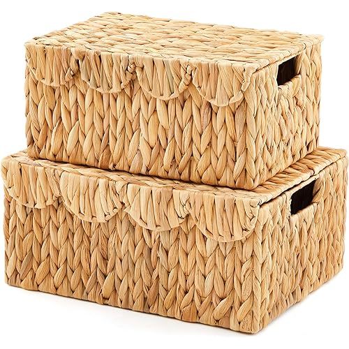 Boao 2 Pcs Scalloped Edge Wicker Basket with Lid Wicker Baskets for Organizing Storage Woven Handwoven with Handles for Organizing Bedroom Living Room Bathroom(Water Hyacinth)