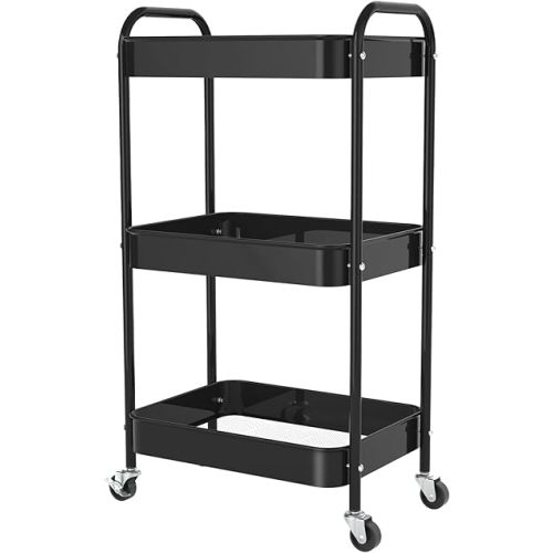 3-Tier Rolling Metal Storage Cart with Wheels, Multi-Functional Organizer for Office, Kitchen, Bathroom, Books Diapers - Easy Assembly (Black)