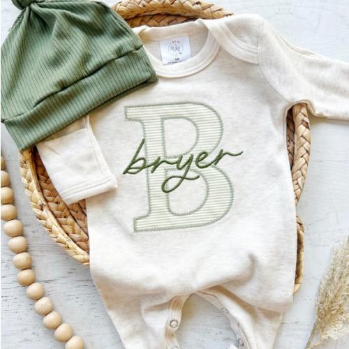 Personalized Baby Boy Outfit | Oatmeal Romper Light Green Stripe Big L – Wonderfully Made