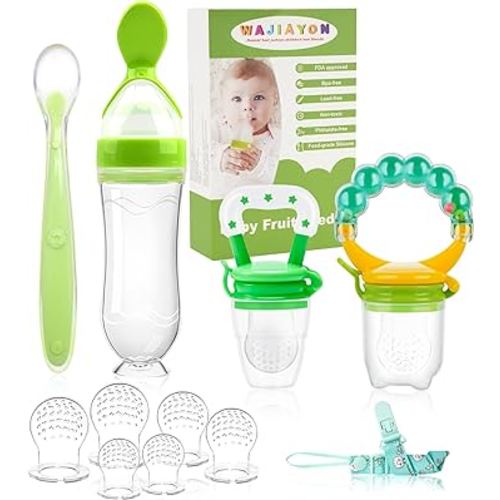 WAJIAYON Baby Fruit Feeder Pacifier - 12 Pack | 2 Baby Fruit Food Feeder Pacifier & 1 Baby Food Dispensing Spoon | Fresh Fruit Teethers for Babies | Silicone Feeder Baby,Mesh Baby Feeder (Green)