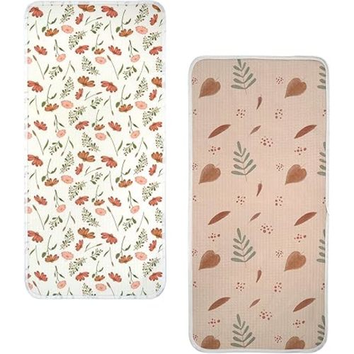 haakaa Waterproof Changing Pad Liners, 100% Cotton, Soft & Breathable (2pcs, 13" x 27.5" Velvet Bloom+Love Leaves)