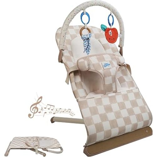 Tiny Marvels Baby Bouncer, 3-Point Harness Rocker Chair for Newborn Toddler, Portable Baby Bouncer Seat with Sensory Toys and Music, Compact & Comfort Infant Bouncer Sand Checks