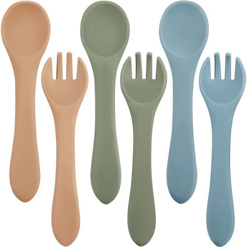 Nuenen 6 Pieces Silicone Baby Feeding Forks and Spoons Set Hot Safety First Stage Self Feeding Supplies Mini Kids Utensils for over 6 Months Babies Boy Girl Toddlers First Foods (Nature Color)