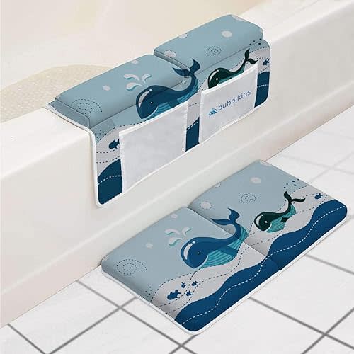 Baby Bath Kneeler and Elbow Rest Pad Set, 1.5" Thick Non-Slip Pads, 4X Extra Strong Suction Cups, Blue, Animal Print, 22x11 Inches, 2 Count