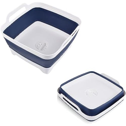 Dishpan for Washing Dishes,9L Collapsible Dish Tub Portable Sink,Wash Basin,Foldable Laundry Tub,Washing Basin with Drain Plug,Dishpan for Kitchen Sink,Camping Dish Washing Tub,Navy blue