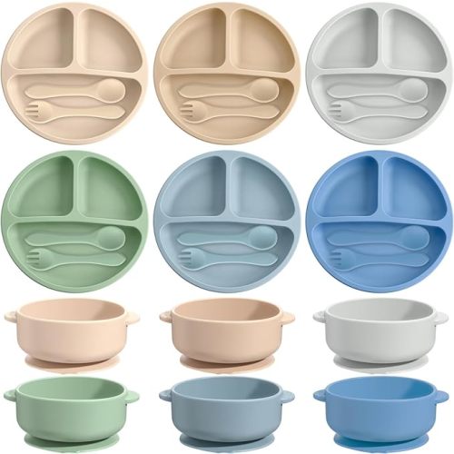 24 Pcs Silicone Baby Feeding Set, 6 Baby Toddler Suction Bowls 6 Divided Suction Plates with 6 Forks 6 Spoons, Baby Utensils Set for Weaning Infant Feeding and Eating, 6 Styles (Dark Color)