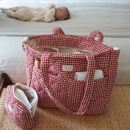 Organic cotton diaper bag - Gingham collection (Red)
