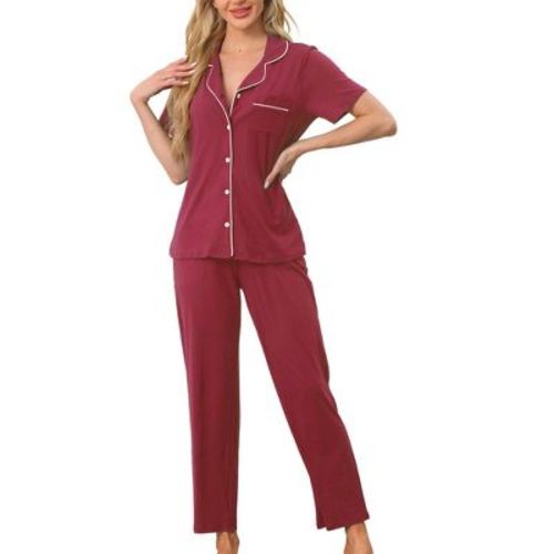 cheibear Women's Button Down Short Sleeve Shirt and Pants 2 Piece Pajama Set Loungewear Red X-Large : Target