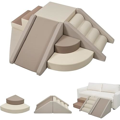 Merax Indoor Climbing Toys for Toddlers, 9-Piece Foam Climbing Blocks Climb & Crawl Tunnel Soft Play Set (9-Piece Cappuccino)