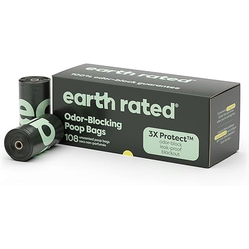 Earth Rated Odor-Blocking Dog Poop Bags with 3X Protect, Guaranteed to Block Smells & Leak-Proof Performance, Conceals Smell & Mess, Unscented, 108 Count