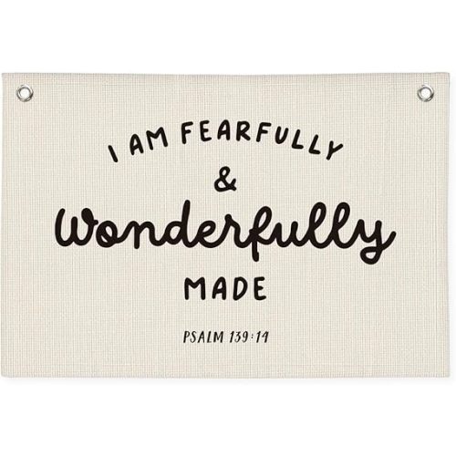 Kids Room Decor - Bible Verse Wall Hanging, 'I am Fearfully and Wonderfully Made' Linen Banner, Canvas Decoration for Classroom, Nursery, Kids Room