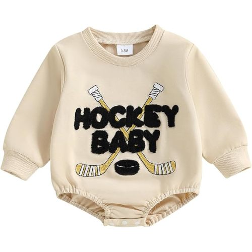 Baby Boy Hockey Outfit Romper Ice Hockey Stick Embroidery Long Sleeve Sweatshirt Hockey Baby Bodysuit 0-18M Fall