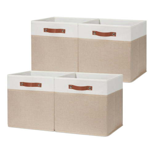 Fabric Baskets for Organizing 13x13 Storage Cubes, Set of 4 Fabric Foldable Canvas Storage Bins for Shelves, Cloth Storage Bins for Cube Organizers Toy Nursery Closet Bedroom(White Beige)