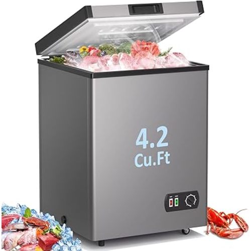 LifePlus Chest Freezer 4.2 Cubic Feet with Removable Storage Basket, Deep Freezer 7 Adjustable Temperature, Energy Saving, Super Quiet for Garage, Office, Kitchen, or Apartment