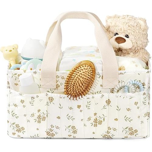 Floral Bbay Diaper Caddy Organizer with Handle, Stylish Nursery Basket and Card Storage, Newborn Essentials, Gift for Baby Shower, Floral Beige