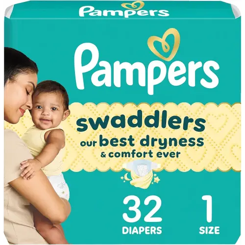 Pampers Swaddlers Diapers, Size 1 (8-14 lbs), 32 Count, Absorbent, Keeps Baby Dry and Comfortable, Skin Safe Disposable Baby Diaper (Packaging May Vary)