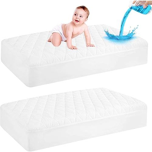 GRT 2 Pack Waterproof Crib Mattress Protector, Quilted Baby Mattress Cover Fitted Deep Pocket from 4" up to 9", Extra Soft Breathable & Noiseless Toddler Mattress Pad 52"x28", White