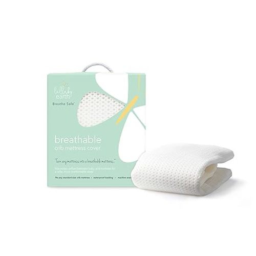 Lullaby Earth Breathe Safe Air Breathable Crib Mattress Pad, Removable Mattress Cover with Waterproof Layer for Baby and Toddler Beds, Standard Crib Size White
