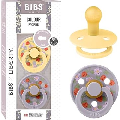 BIBS Colour Liberty Soother 2-Pack, BPA Free Dummy Pacifier, Round Nipple. Natural Rubber Latex, Made in Denmark, Size 1 (0-6 Months), Strawberries and Cream Pale Butter Mix
