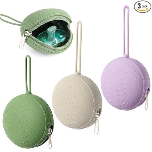3 Pack Silicone Pacifier Holder Case, BPA-Free Cover Pouch for Baby, Portable Storage Container for Diaper Bag Stroller, Travel Outdoor Activities, Easy to Clean (Green, Grey, Purple)
