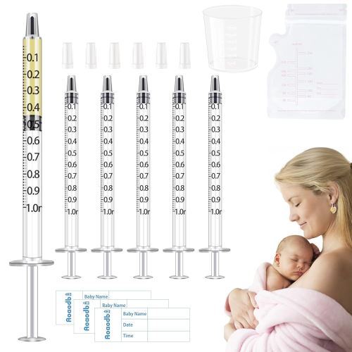 Colostrum Collector Kit Include 100pcs 1ml Sealed Breast Milk Collector No Needle Colostrum Syringes 5 Breastmilk Storage Bags and 1 piece 30 ml measuring cup with 100 Stickers
