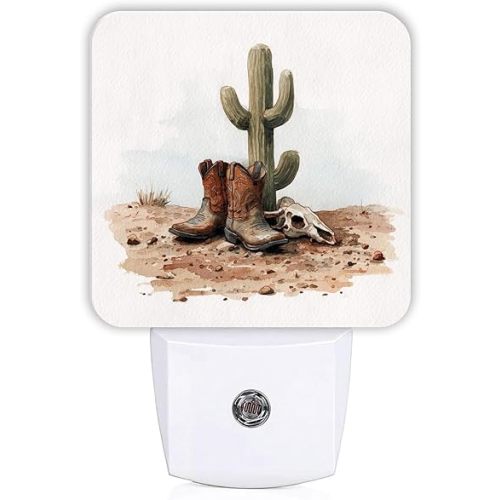 Cowboy Boots Night Lights Plug Into Wall, Western Rustic Cactus Skull Fall Brown Automatic Plug in Night Lights with Sensor for Living Room Family Room Bedroom Decor 1pcs