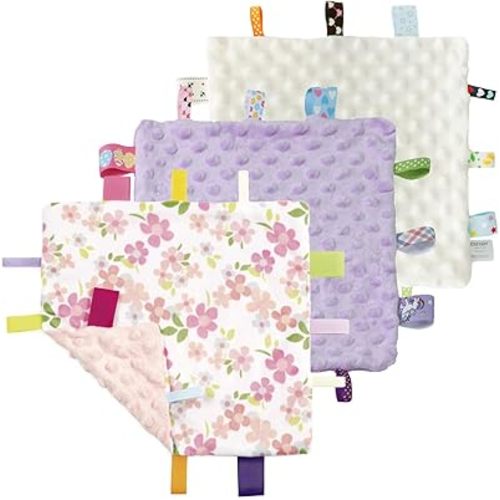 CREVENT Tag Security Blankets for Babies, Soft Small Loveys for Girls, Baby Comforter Sensory Blanket, Great Gifts for Birthday Baby Shower 10"X10" (Wildflow+Purple+ Ivory)